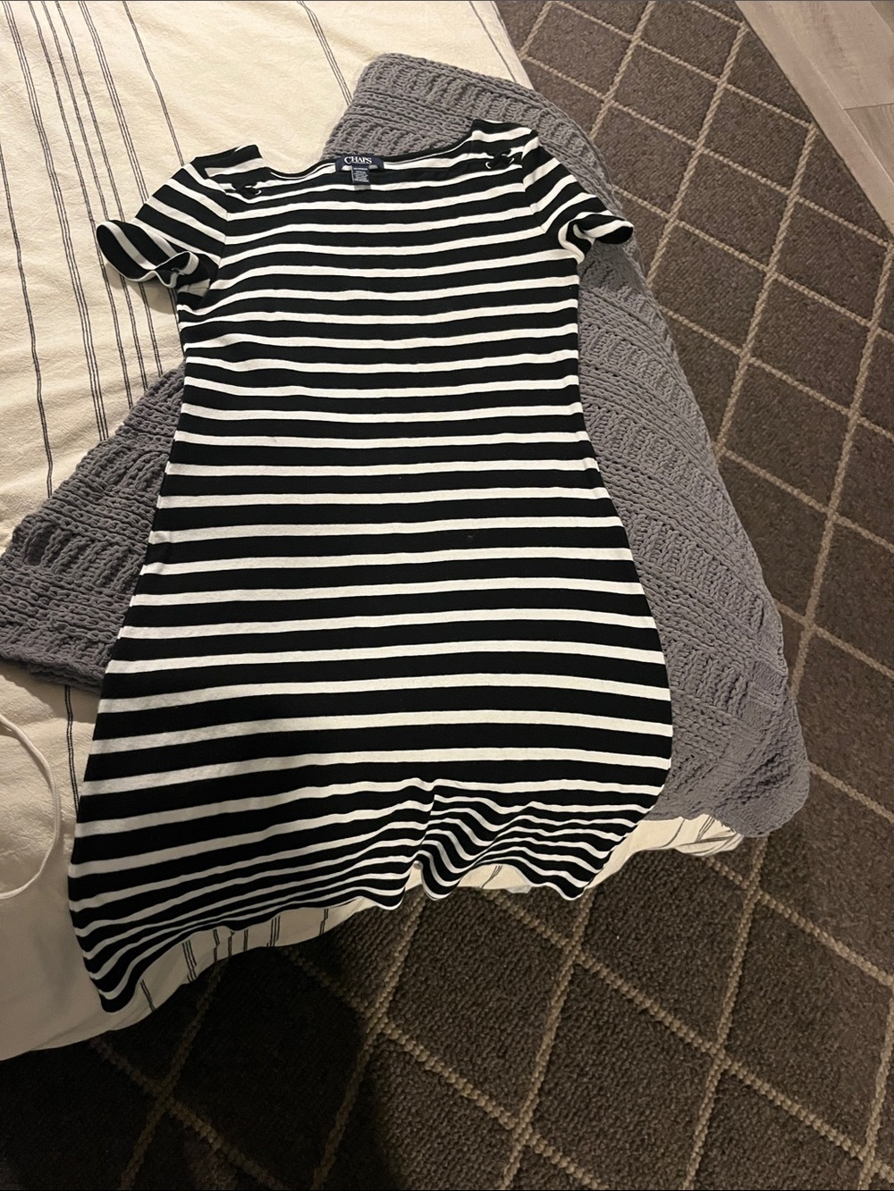 Chaps Black & White Striped Short Sleeve Knit Dress